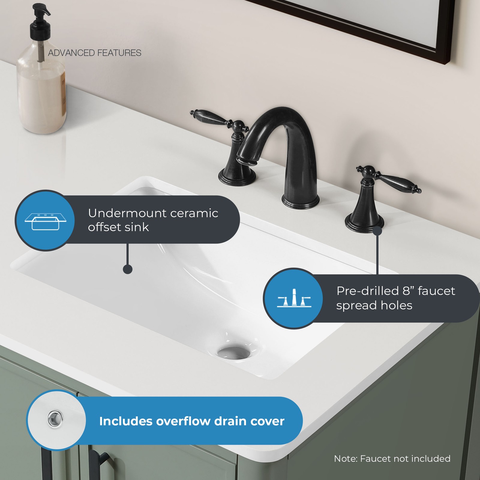 Solas 36″ Bathroom Vanity in Sage Green with White Countertop