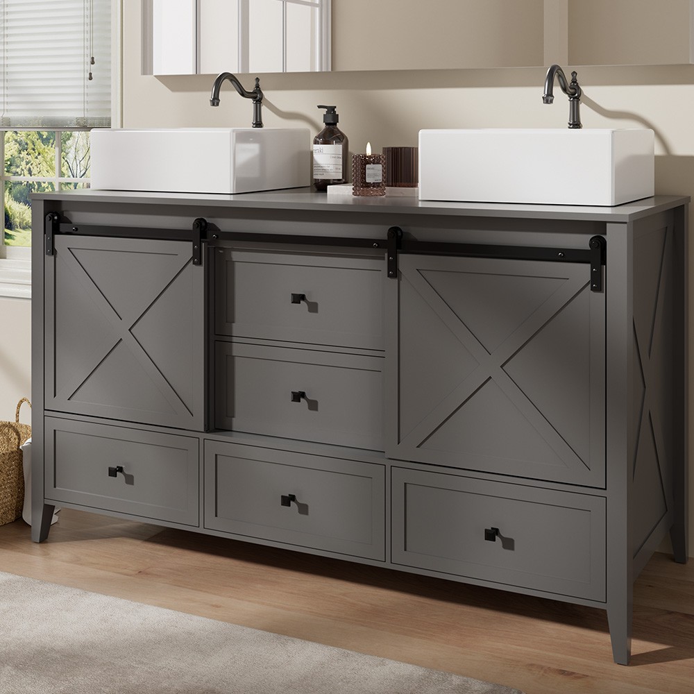 60inch Bathroom Vanity Cabinet Modern Double Ceramic Sink Organizer Storage New