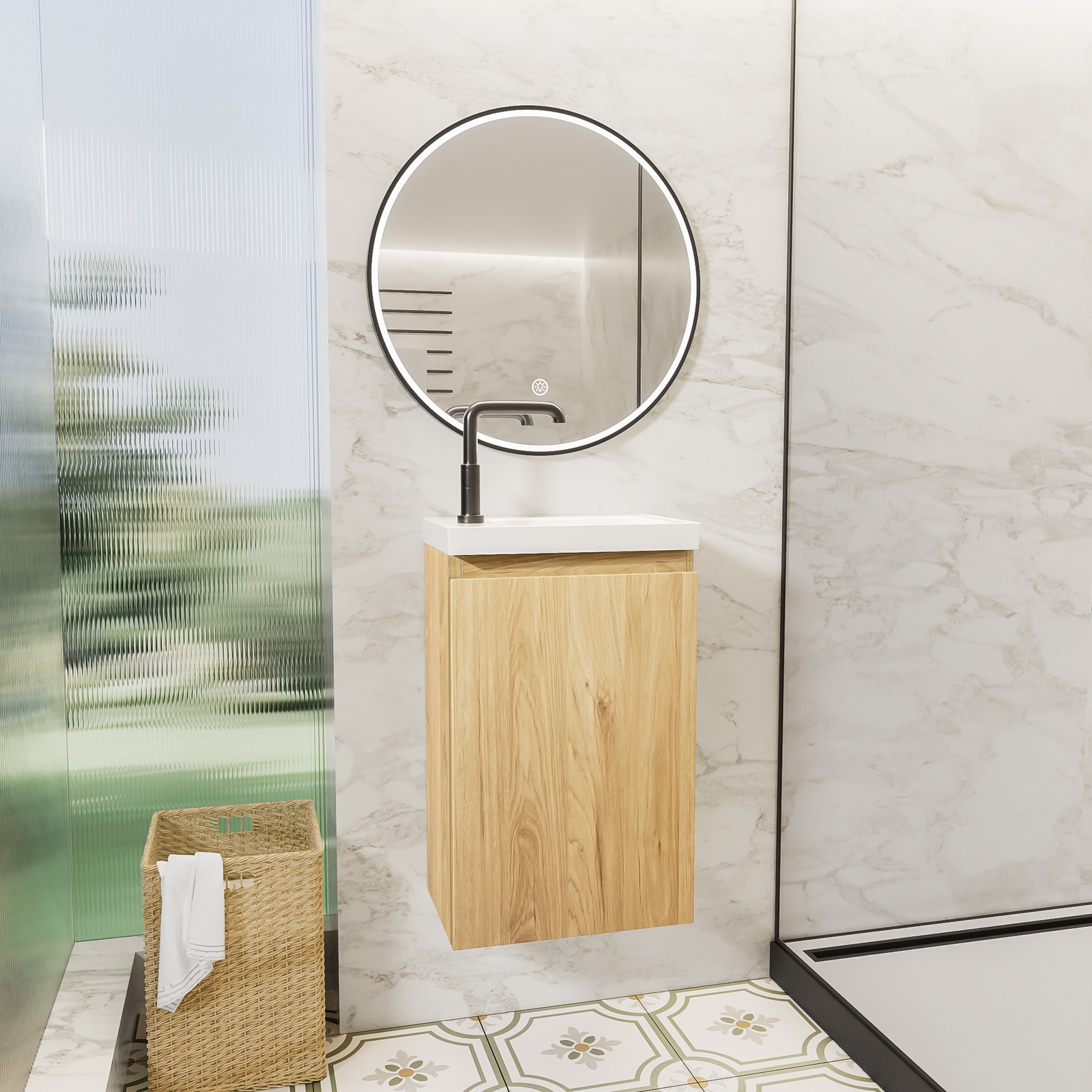 16″ Floating Bathroom Vanity with Sink, Natural Oak, White Stone Top