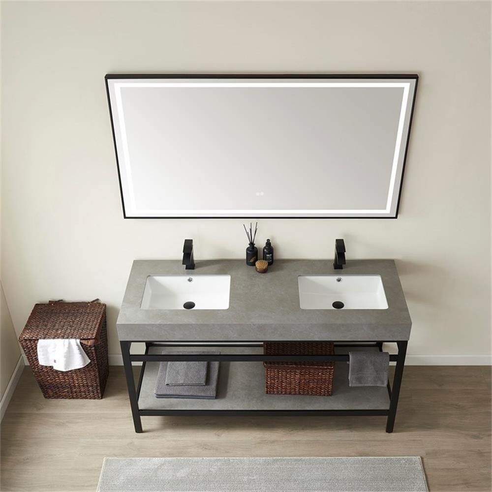 Funes 60″ Double Sink Bathroom Vanity in Matte Black Frame Gray Top w/ Mirror