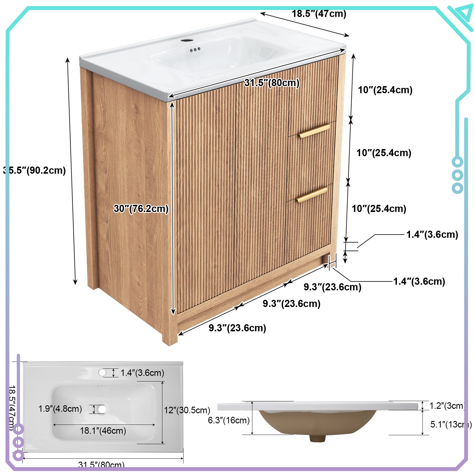 31 Inch Vanity Wood Bathroom Vanity Cabinet W/ Countertop Ceramic Sink