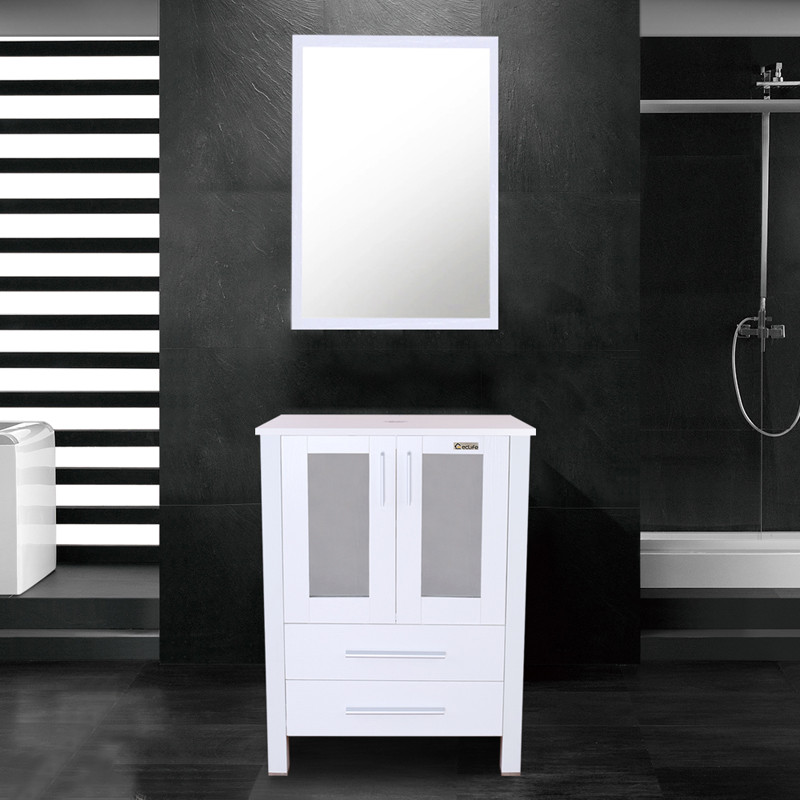 24″ Bathroom Vanity Cabinet W/ Mirror MDF Wood Single White Modern 2 drawer