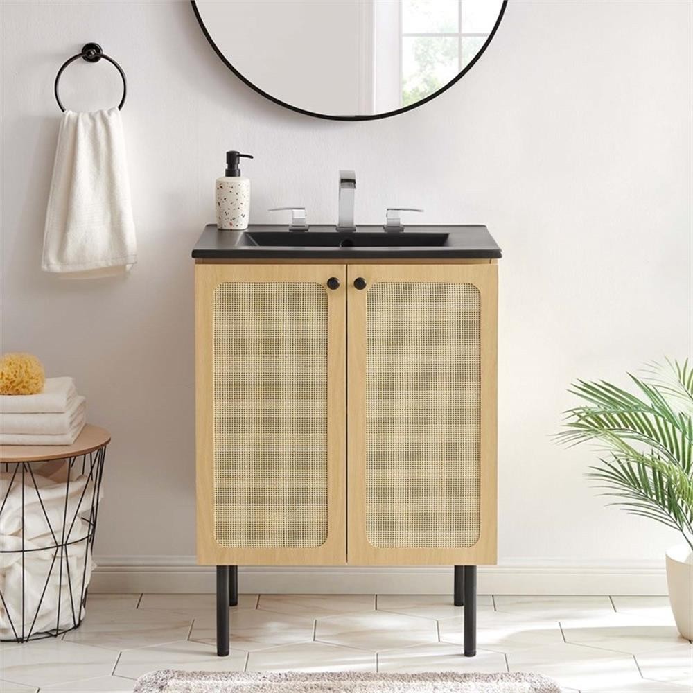 Modway Chaucer 24″ Wood & Rattan Bathroom Vanity in Oak/Black