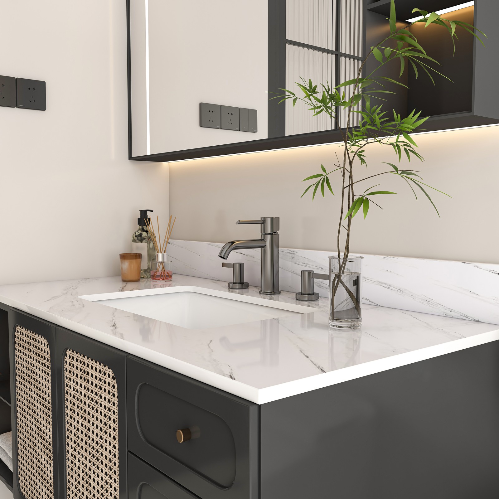 43″ Marble Vanity Top White with 3 Faucet Holes Undermount Sink 4″ Backsplash