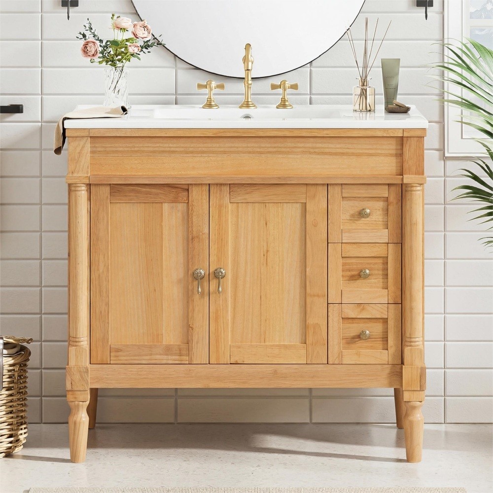 30-Inch Modern Bathroom Vanity, Solid Wood Frame + MDF, 2 Doors 3 Drawers