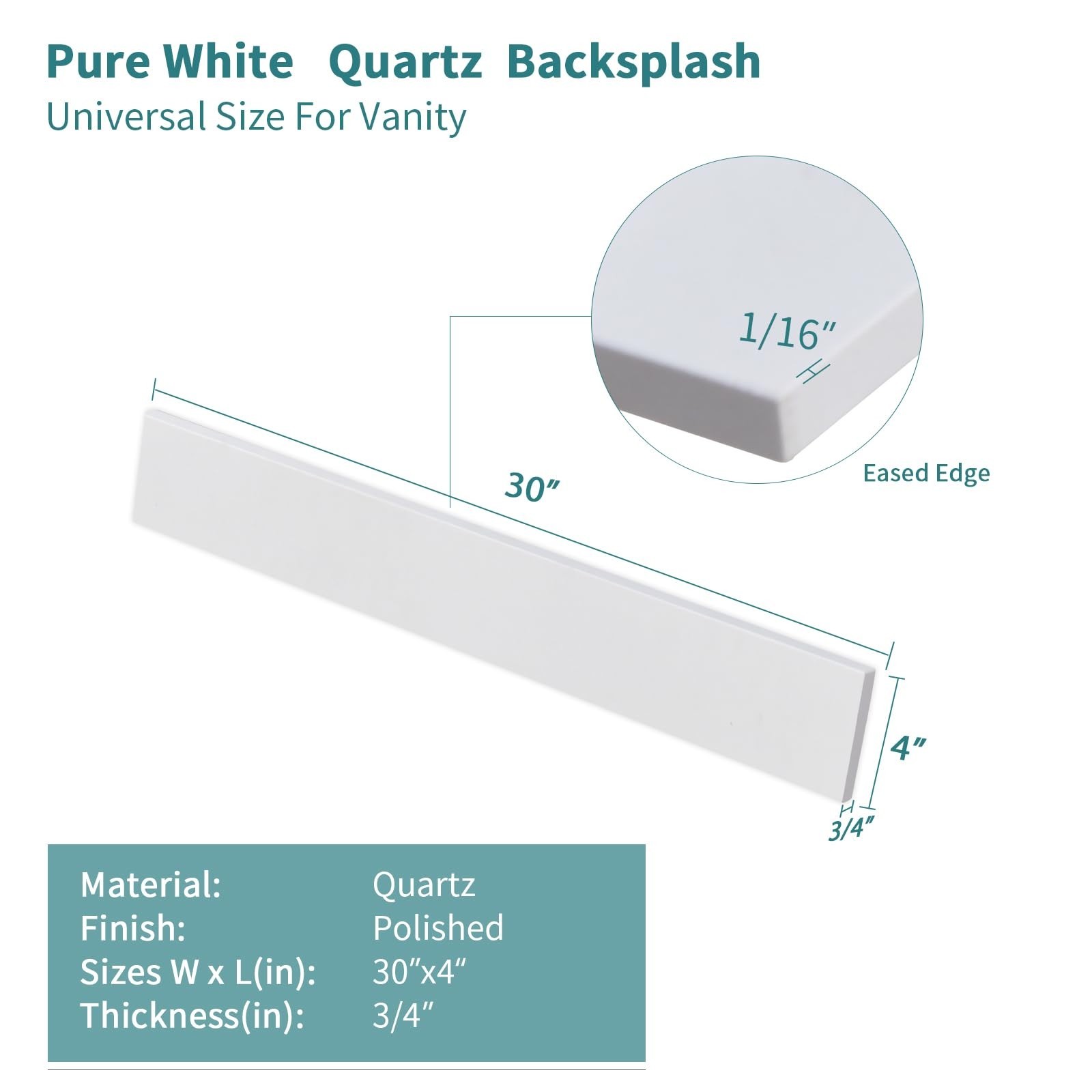 Engineered Stone Sidesplash/Backsplashes Vanity White 30” x .75” x 4” Universal