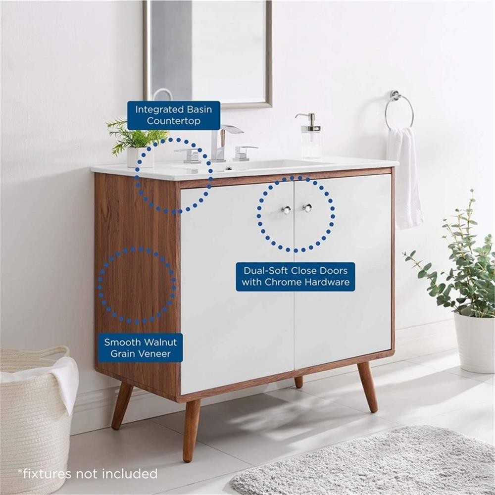 Pemberly Row 36″ Modern Wood and Ceramic Bathroom Vanity in Walnut/White