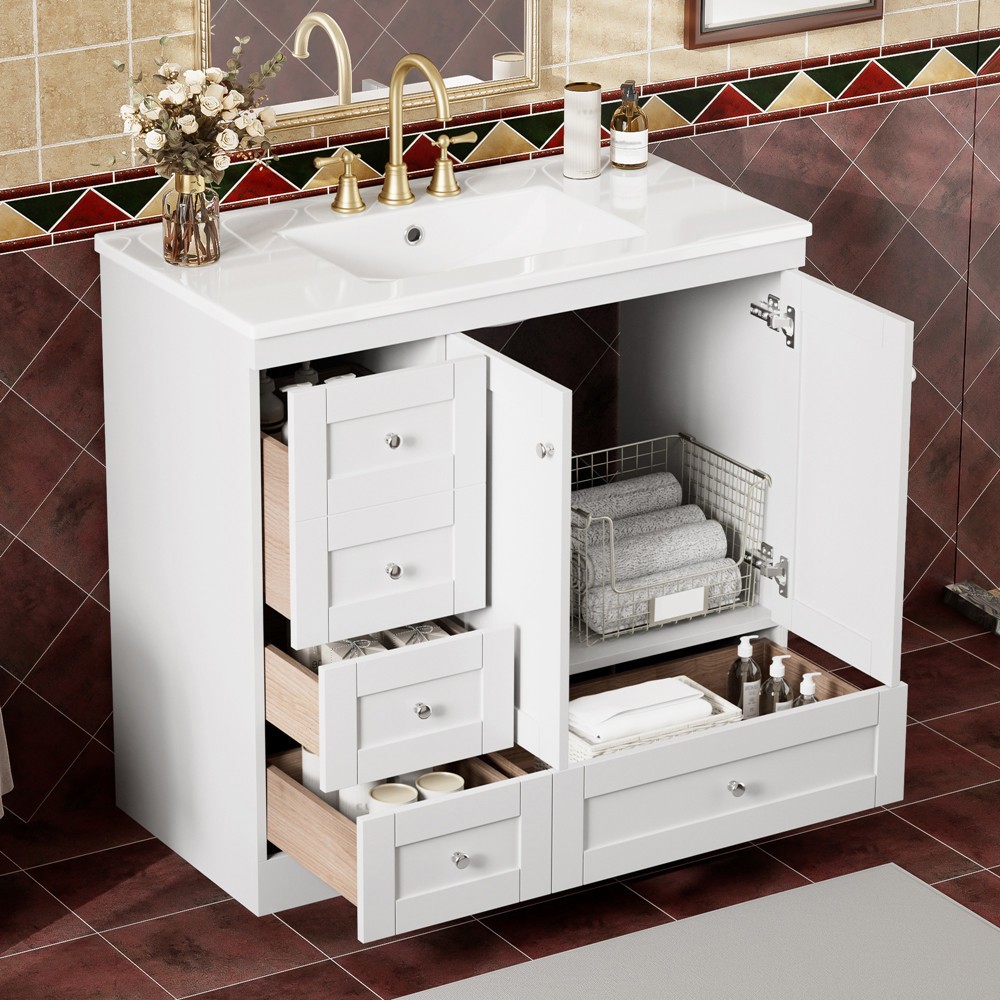 36″ Bathroom Vanity w/Sink,4 Drawers,Freestanding Vanity Storage Cabinet,2 Doors