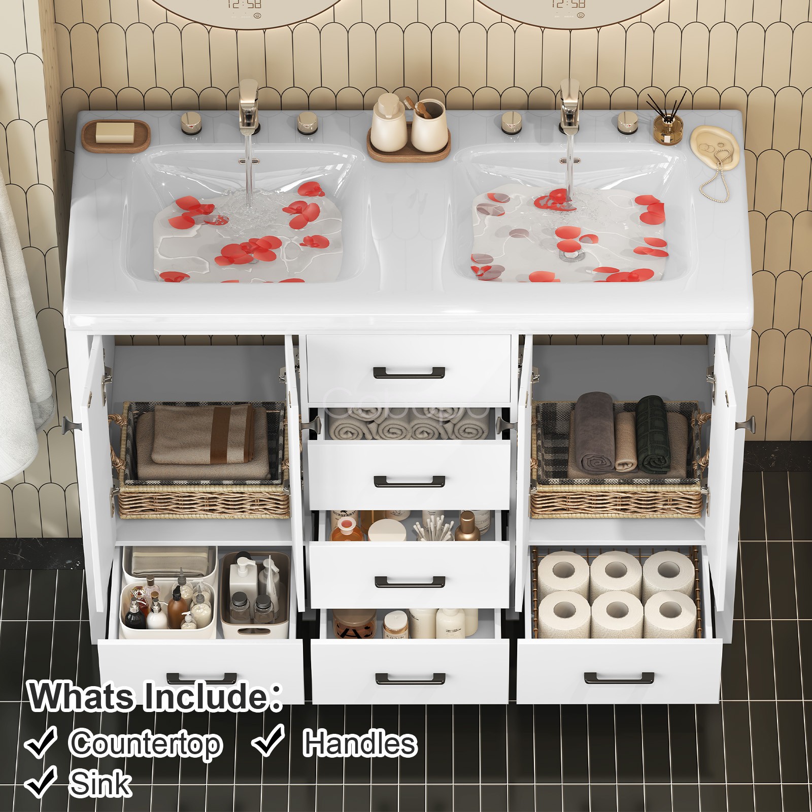47″ Bathroom Vanity Wood Cabinet with Ceramic Double Sink Combo Set Freestanding