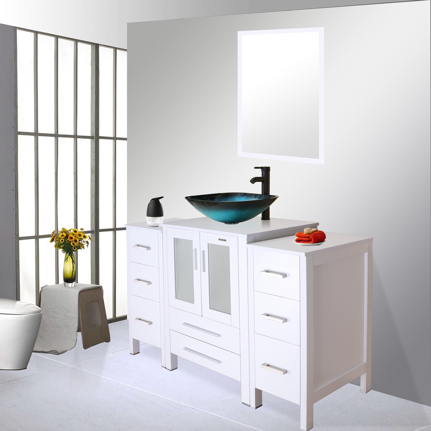 48″ Bathroom Vanity White Cabinet Set Tempered Glass Vessel Sink Combo No Mirror