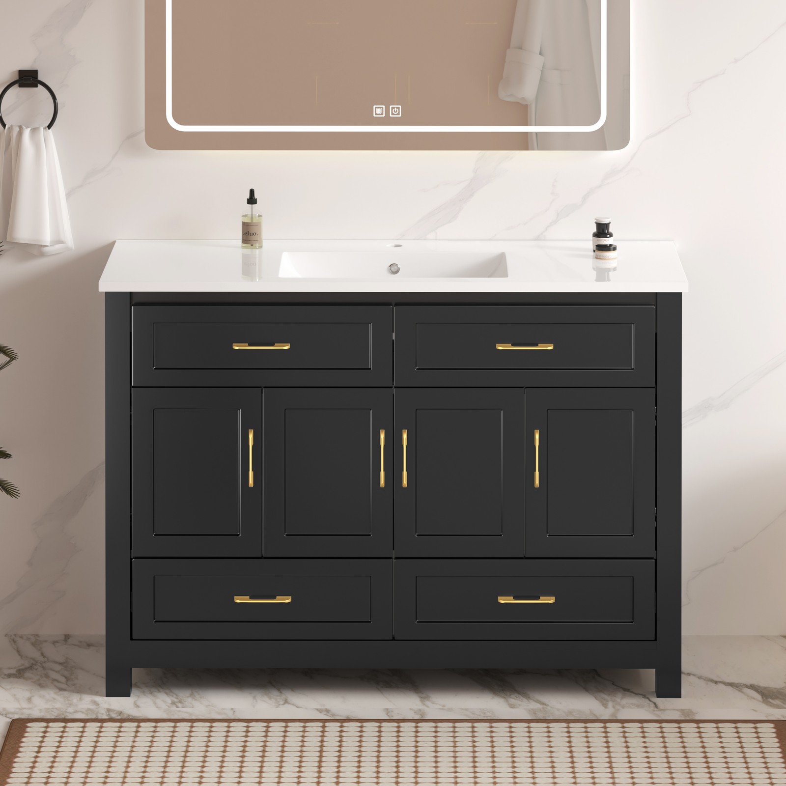 48 Inch Black Bathroom Vanity with Resin Sink and Soft Close Doors