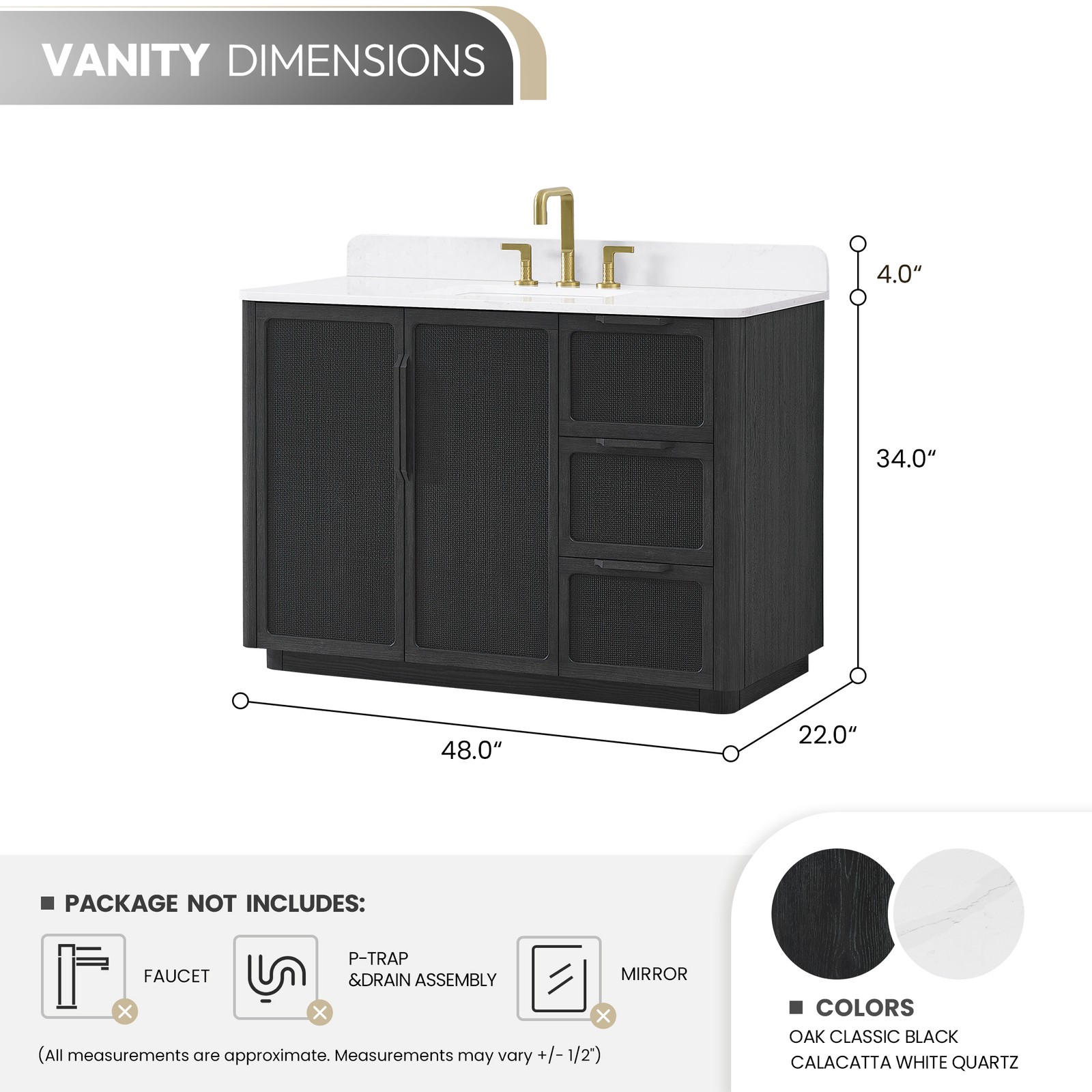Busan 48″ Single Bath Vanity in Oak Classic Black with White Quartz Stone Top