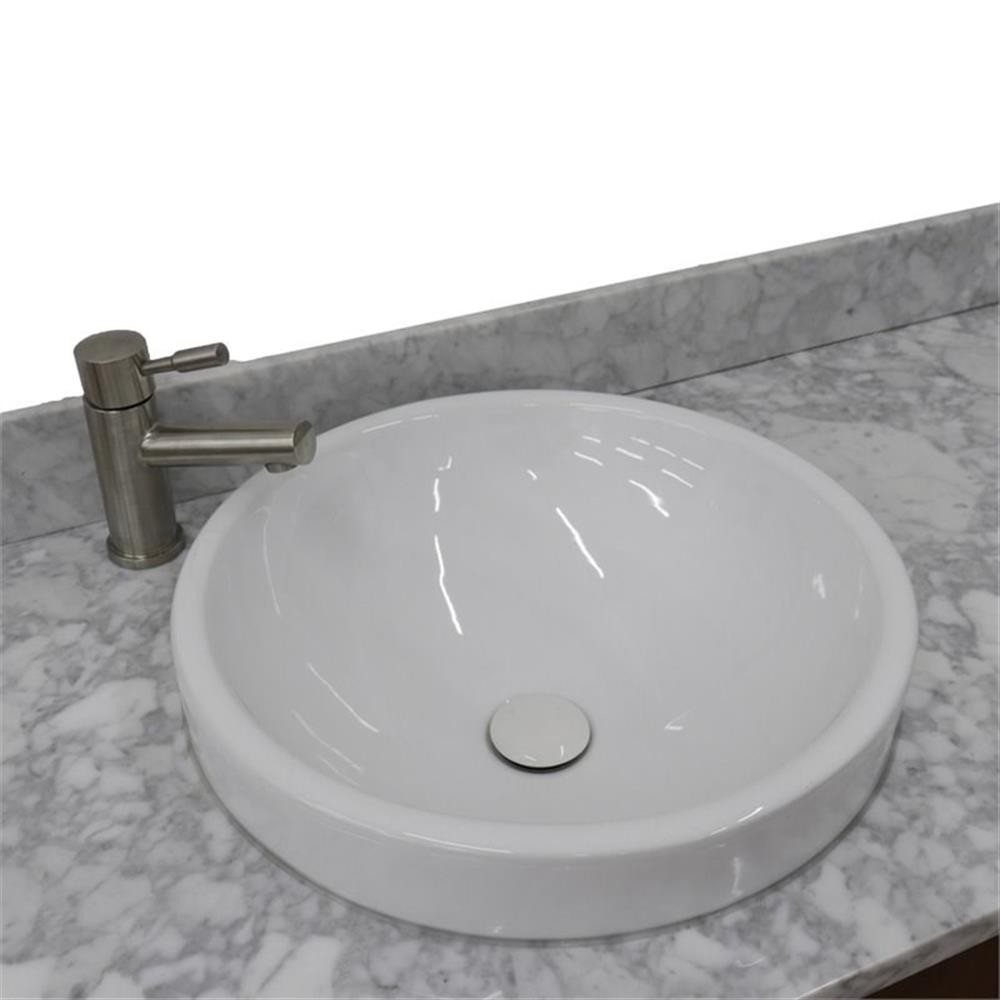 Pemberly Row 61″ Double Round Sink Vanity with White Marble Stone in Walnut