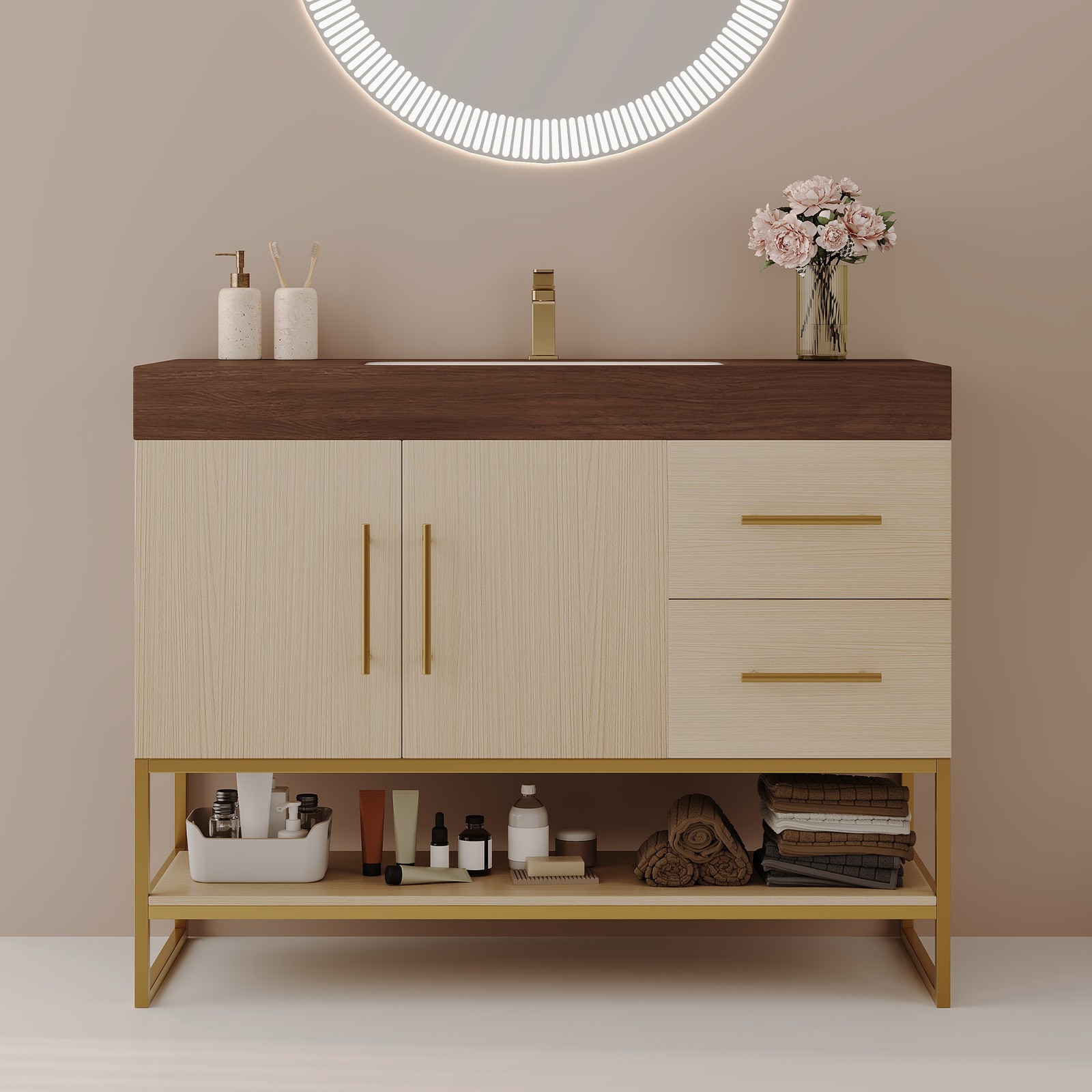 36″ Free-Standing Bathroom Vanity w/Seamless Ceramic Sink & Sintered Stone Top