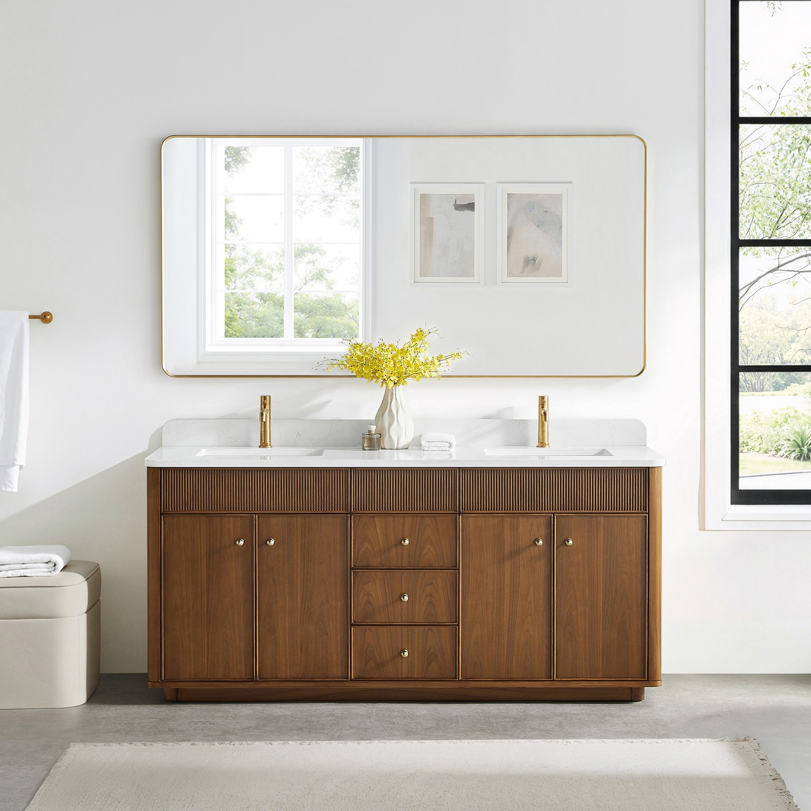 Zogno 72″ Double Sink Bath Vanity in Natural Walnut with White Grain Stone Top