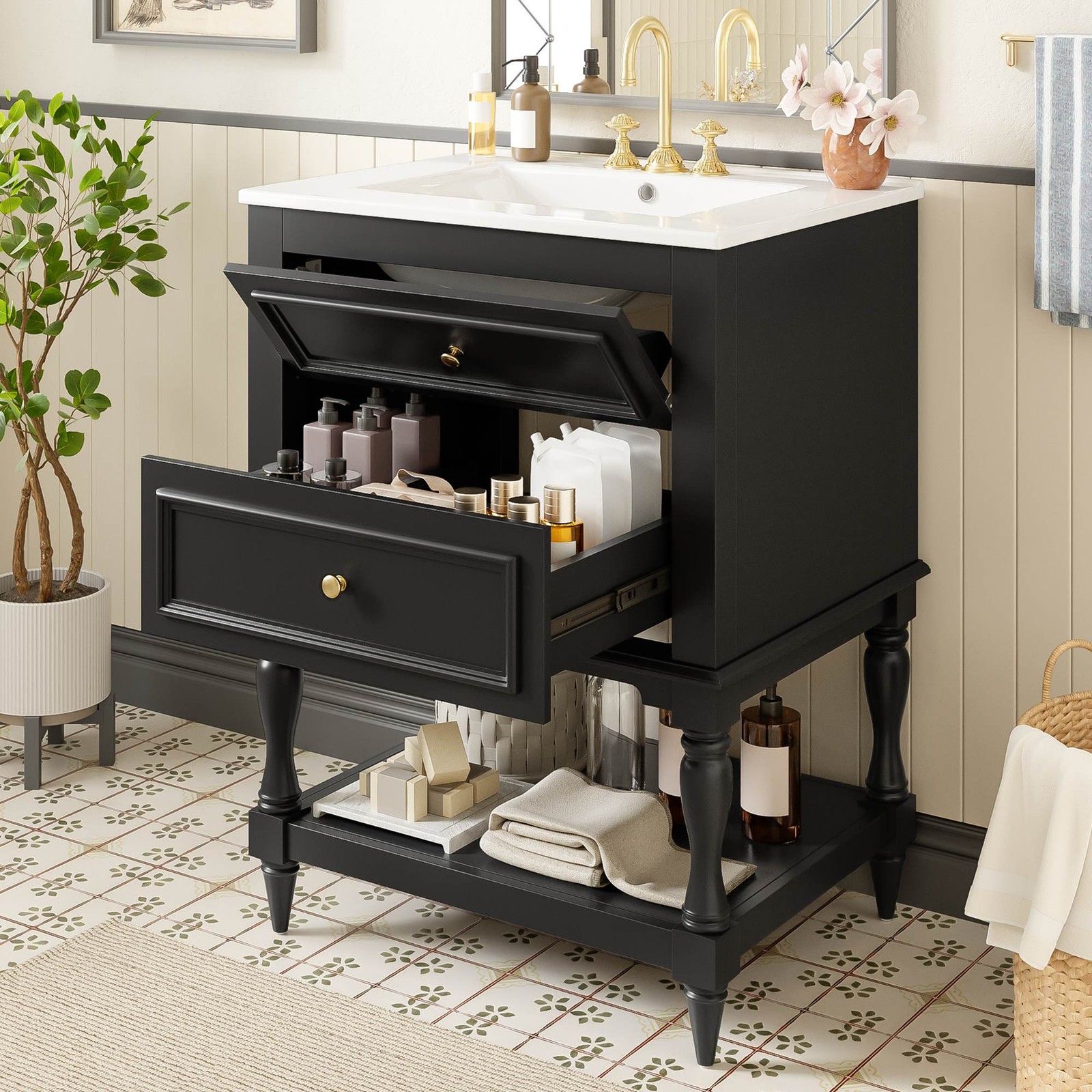 FUNIDEE 24″ Bathroom Vanity with Ceramic Sink Storage Cabinet w/ 2 Drawers Black