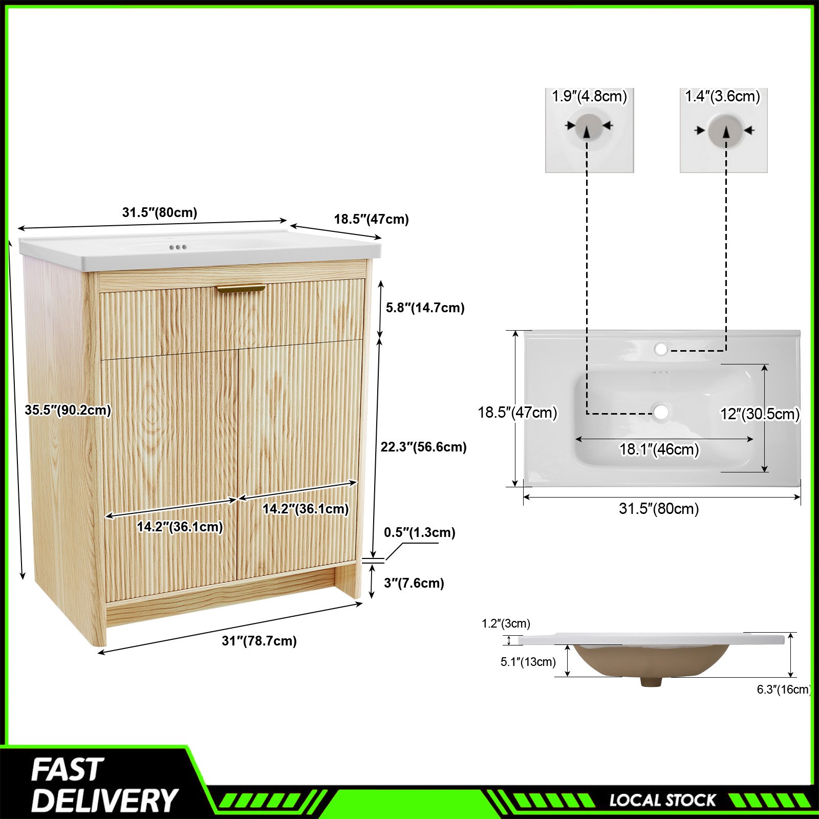 31″ Bathroom Vanity with Ceramic Sink, Modern Storage Cabinet w/ Doors & Drawers