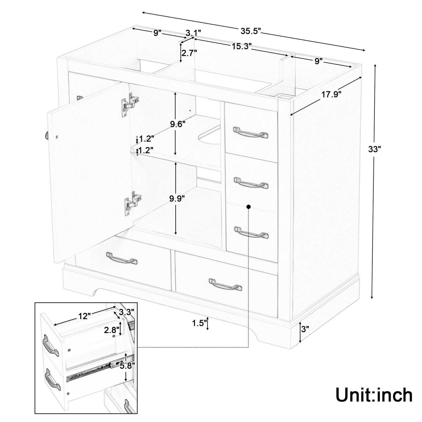 36″ Bathroom Vanity Base Only, 6 Drawers, Adjustable Shelf, Gray