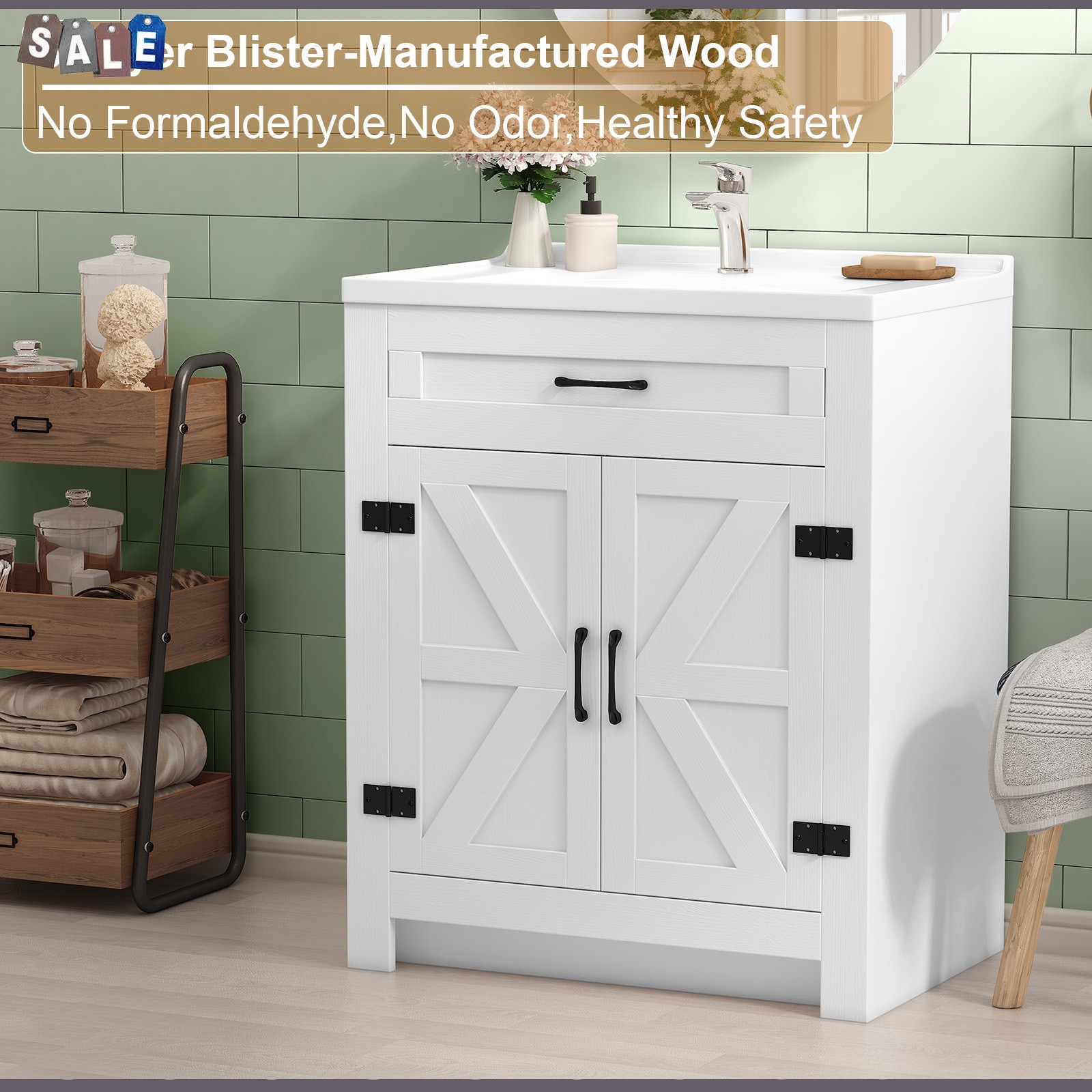 31″ Bathroom Vanity Freestanding Ceramic Sink Cabinet with Storage and Drawer