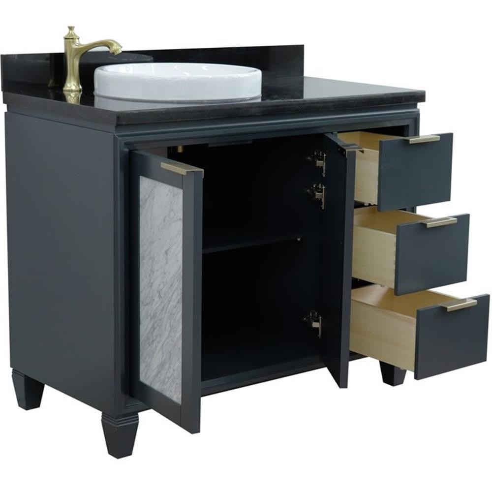 Pemberly Row 43″ Solid Wood Vanity with Left Round Sink in Gray/Black Galaxy