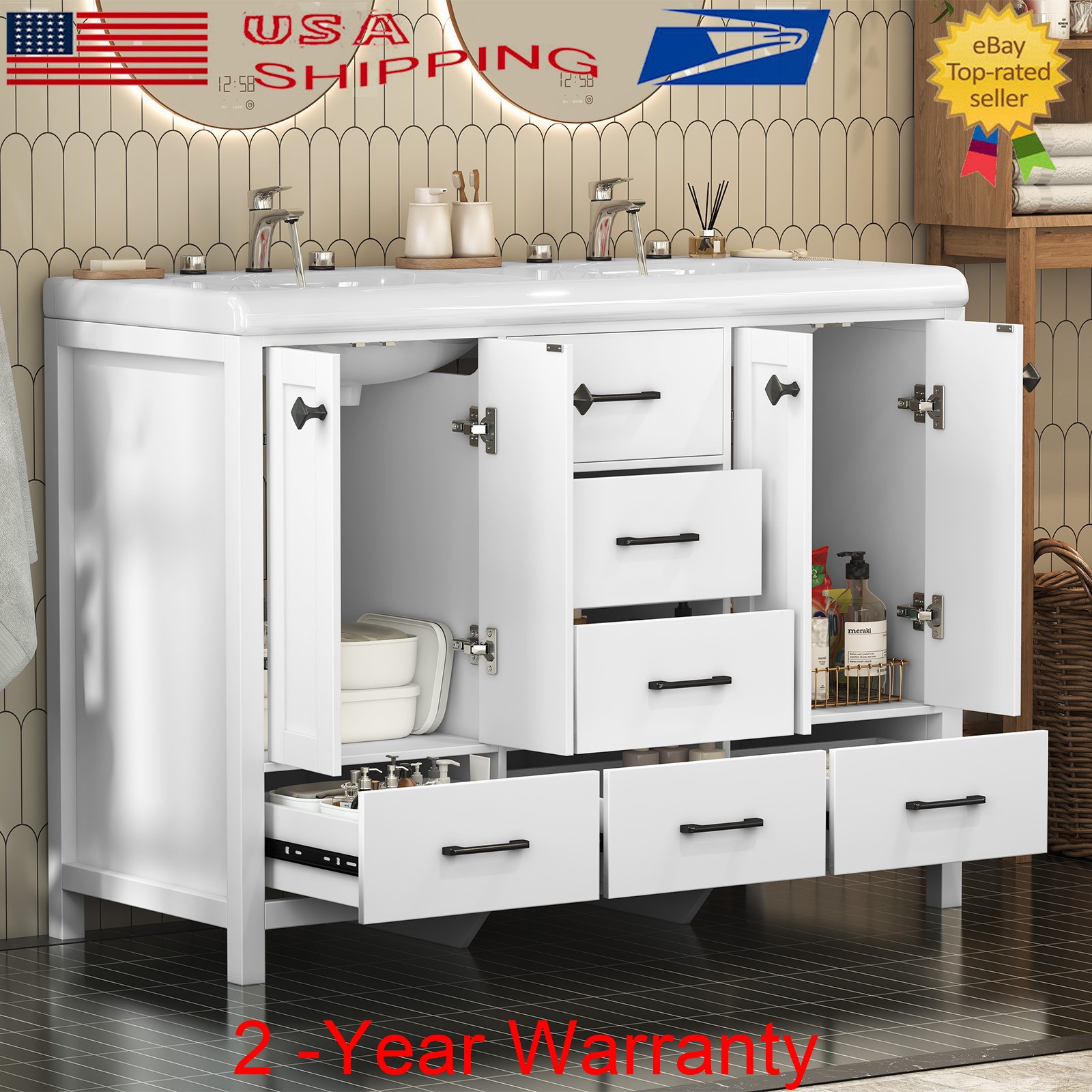 47.3″ Bathroom Vanity w/ Double Sink Freestanding Bath Vanity Cabinet Drawer New