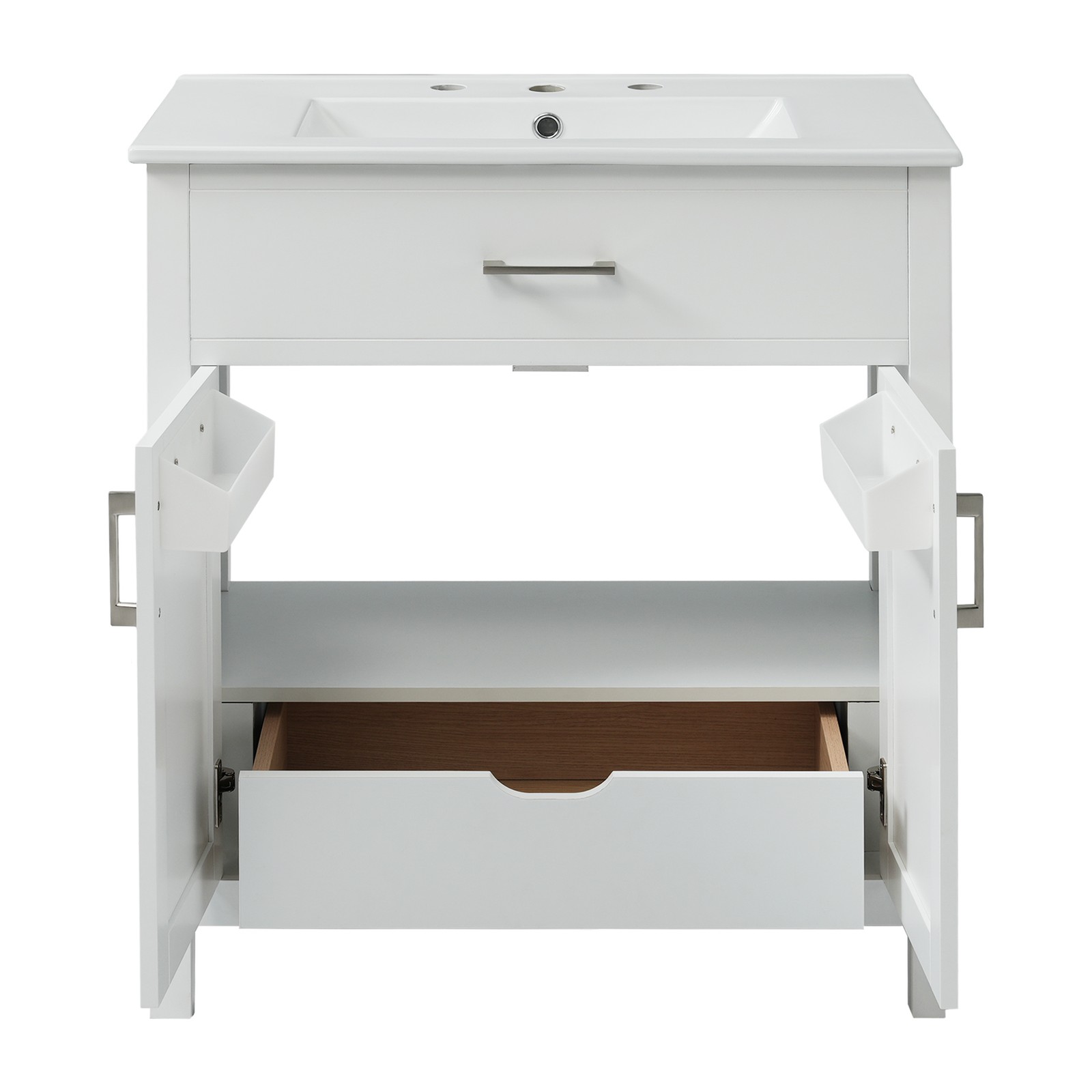 30-Inch Bathroom Vanity with Ceramic Sink, White, Solid Wood MDF