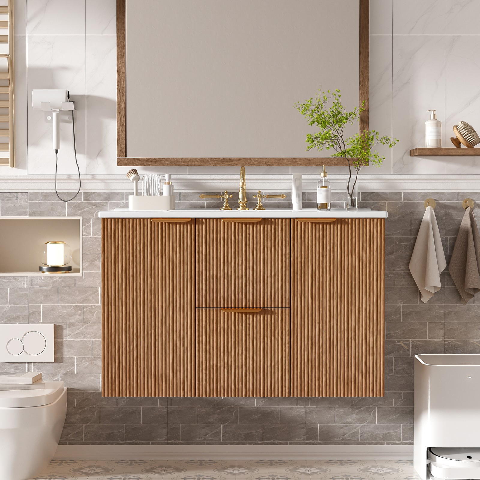 36 Inch Single Sink Bathroom Vanity with Ceramic Top, MDF Cabinet