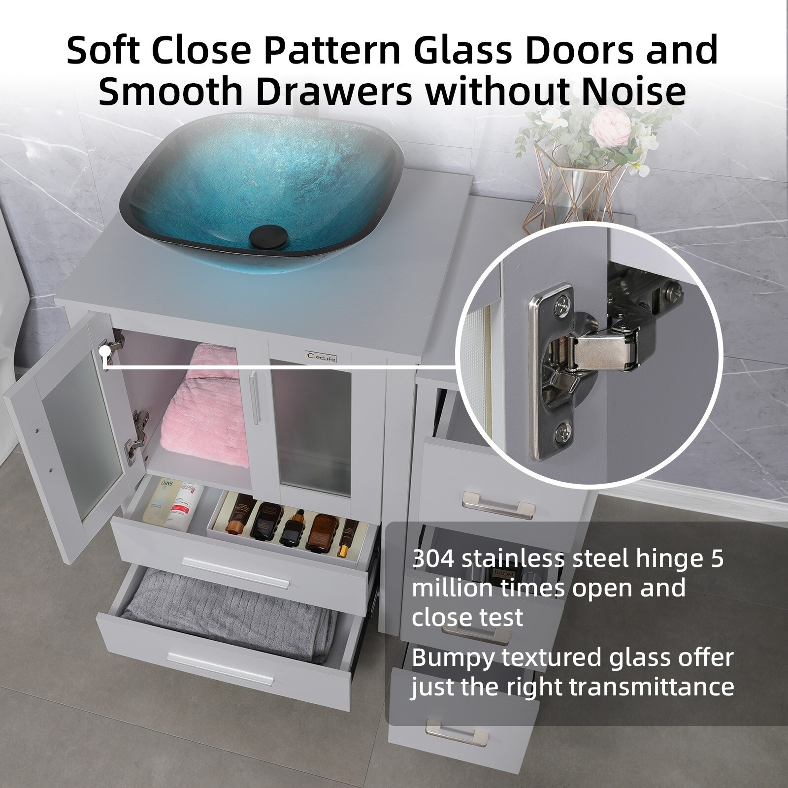 36″ Bathroom Vanity Set Gray Tempered Glass Vessel Sink Faucet Combo No Mirror