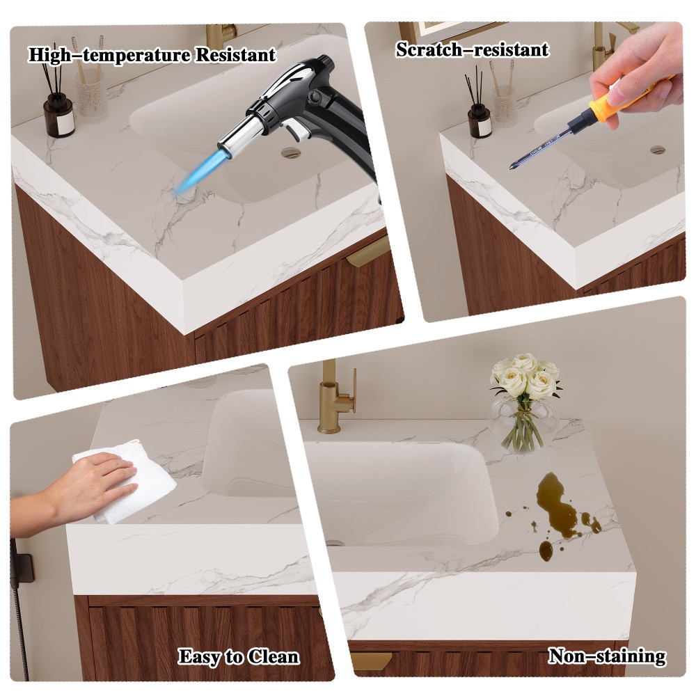 30″ Walnut Wall Mount Floating Bathroom Vanity Sintered Stone Top Ceramic Sink