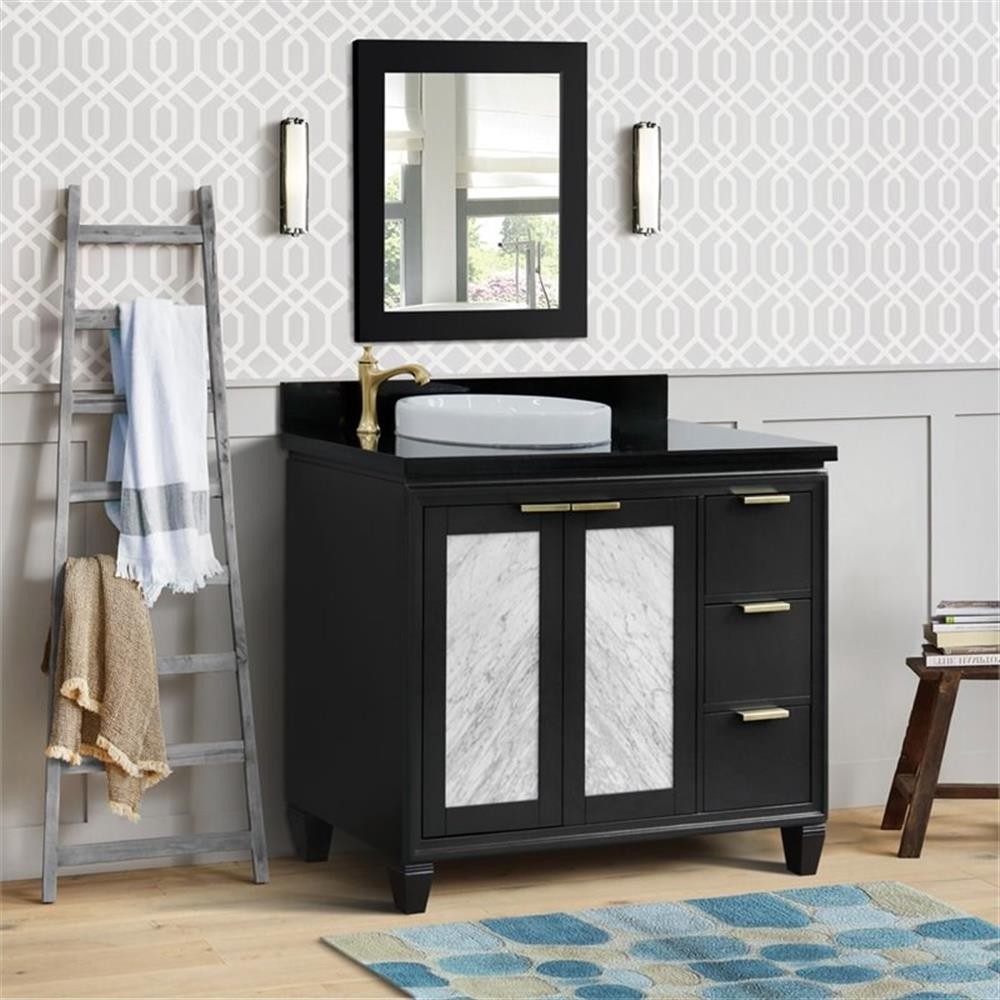 Pemberly Row 43″ Solid Wood Vanity with Left Round Sink in Gray/Black Galaxy