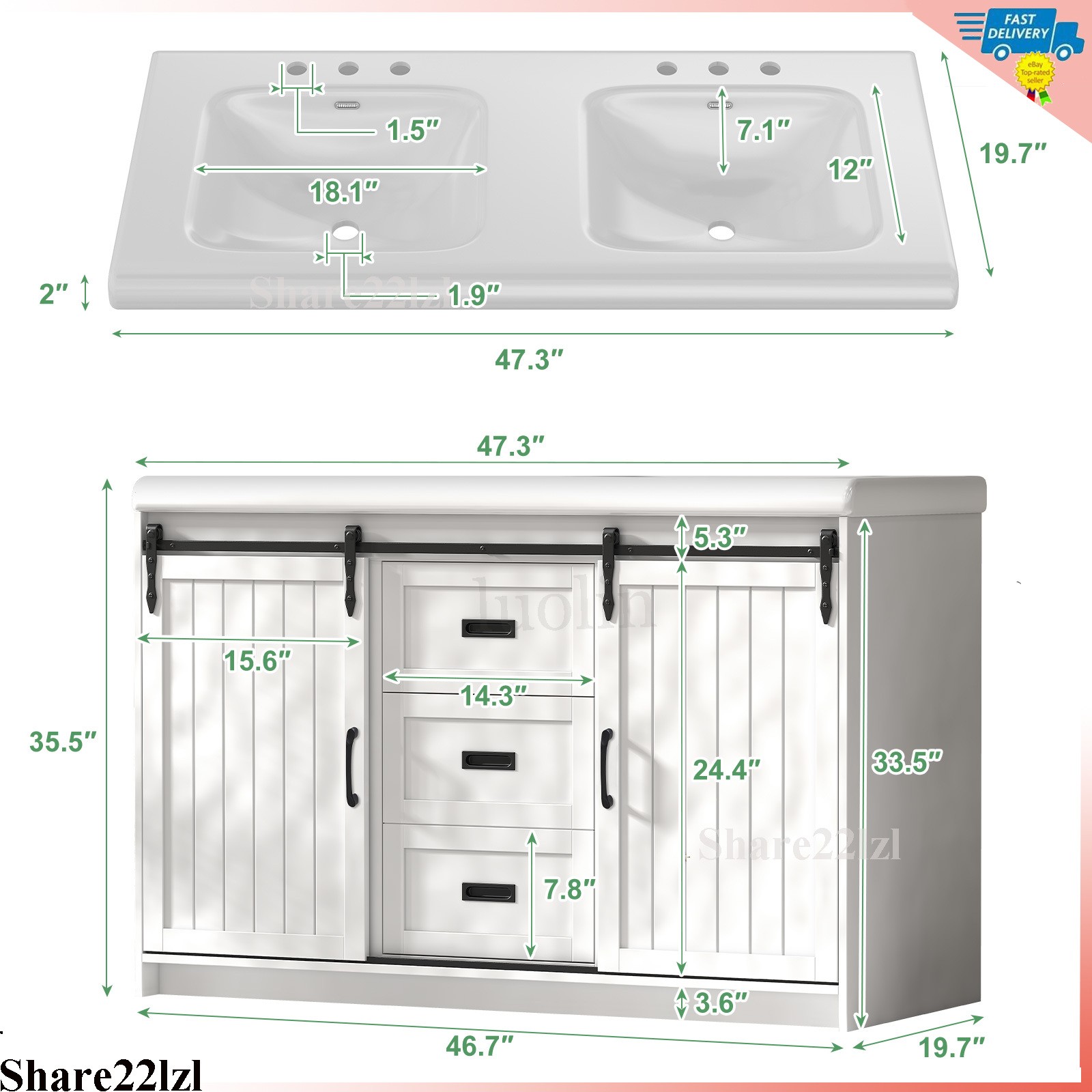 47″ Bathroom Vanity With Double Sink Cabinet Ceramic Basin Under White No Mirror