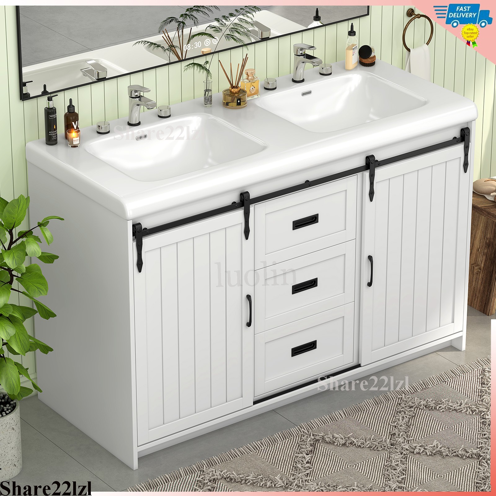 47″ Bathroom Vanity With Double Sink Cabinet Ceramic Basin Under White No Mirror