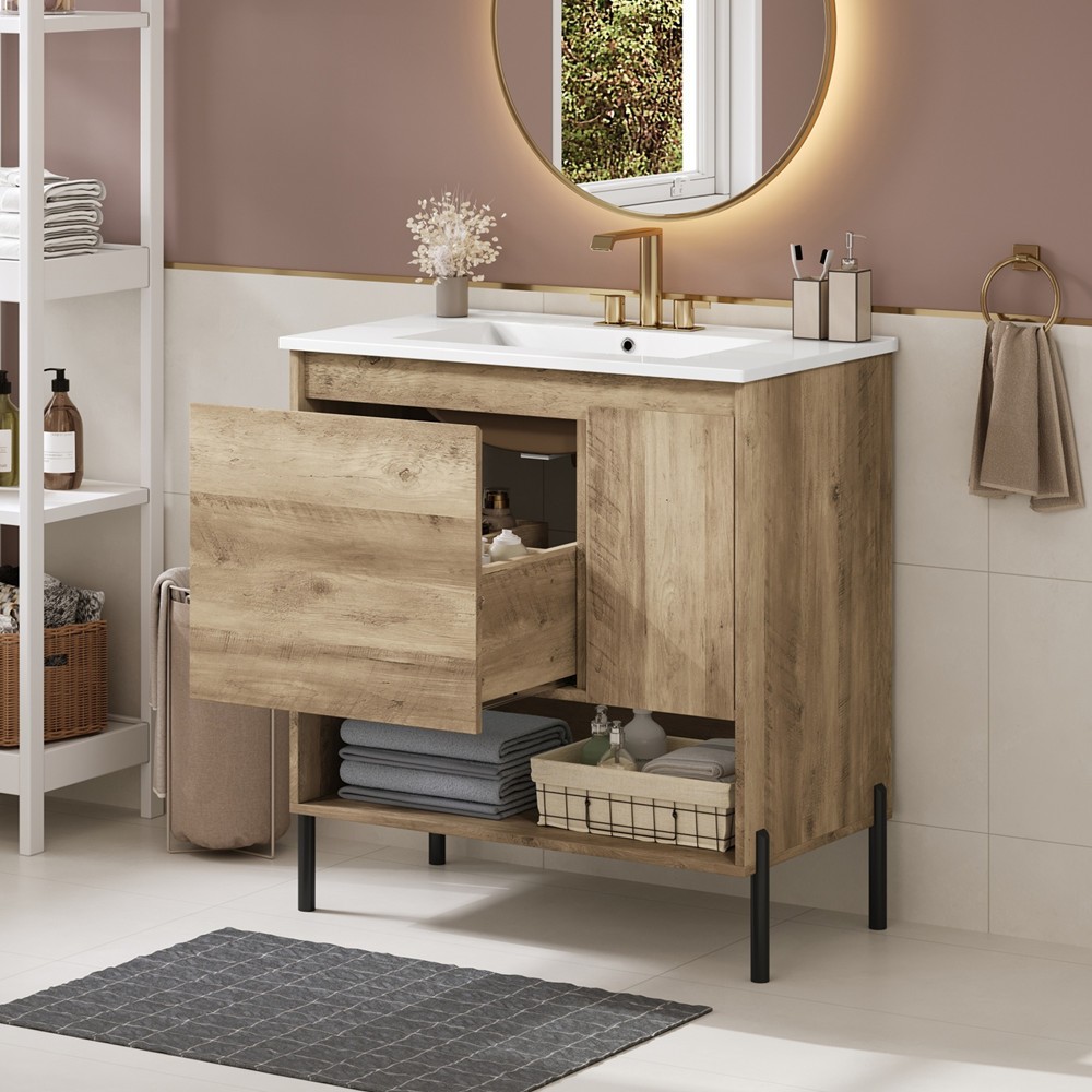 30″ Bathroom Vanity w/Ceramic Sink,Freestanding Vanity Cabinet,Open Shelf,Drawer