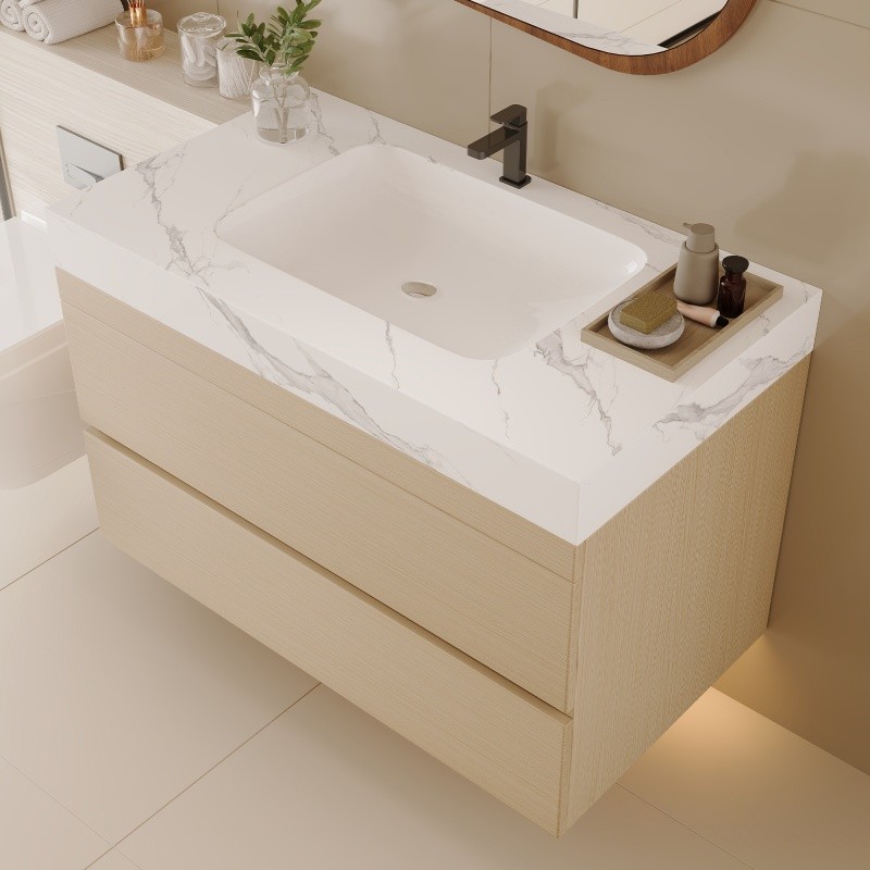 29.9″ Modern Floating Bathroom Vanity with Faux Marble Top and Ceramic Sink