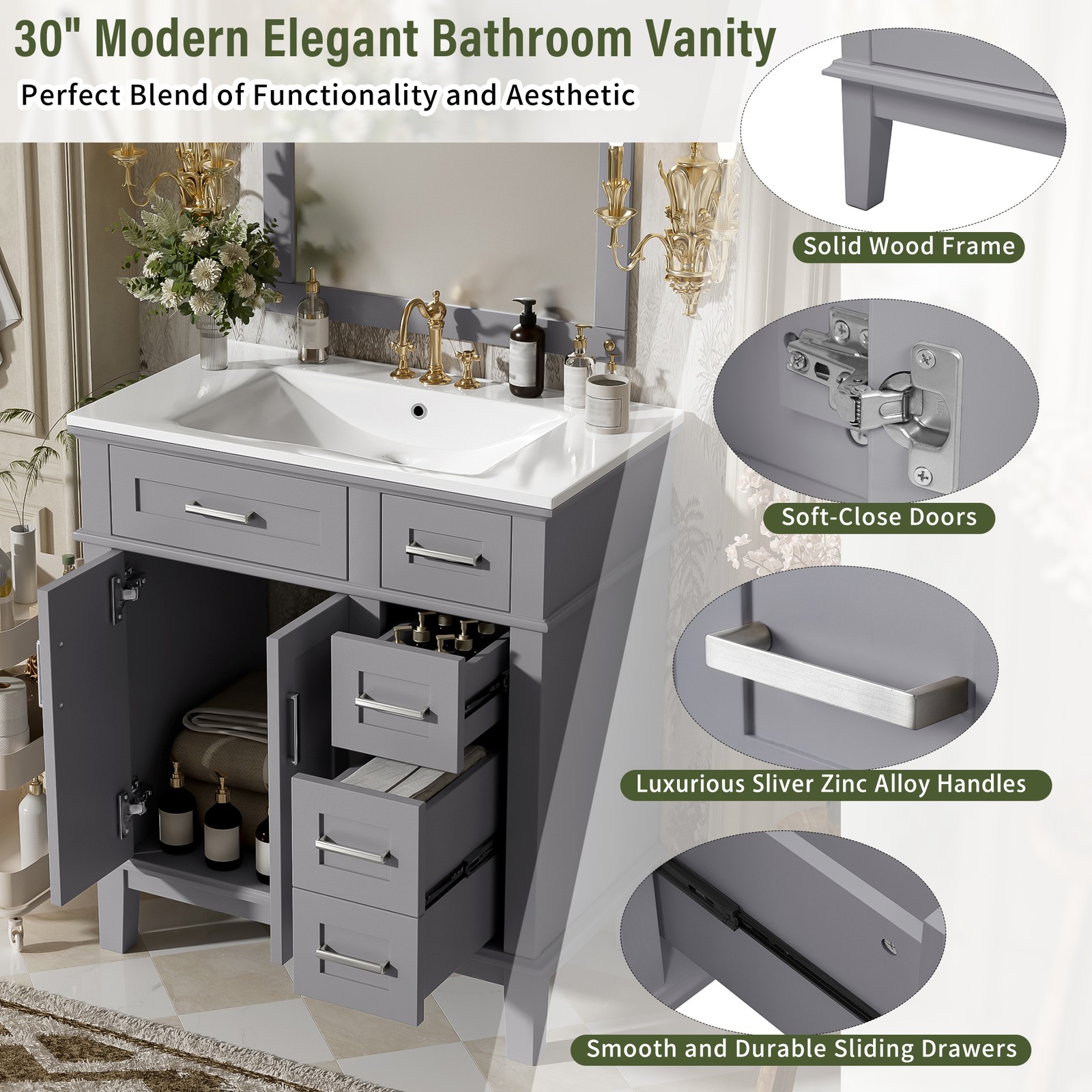 30″ Bathroom Vanity w/Ceramic Sink, Modern Storage Cabinet w/Soft-Close Doors