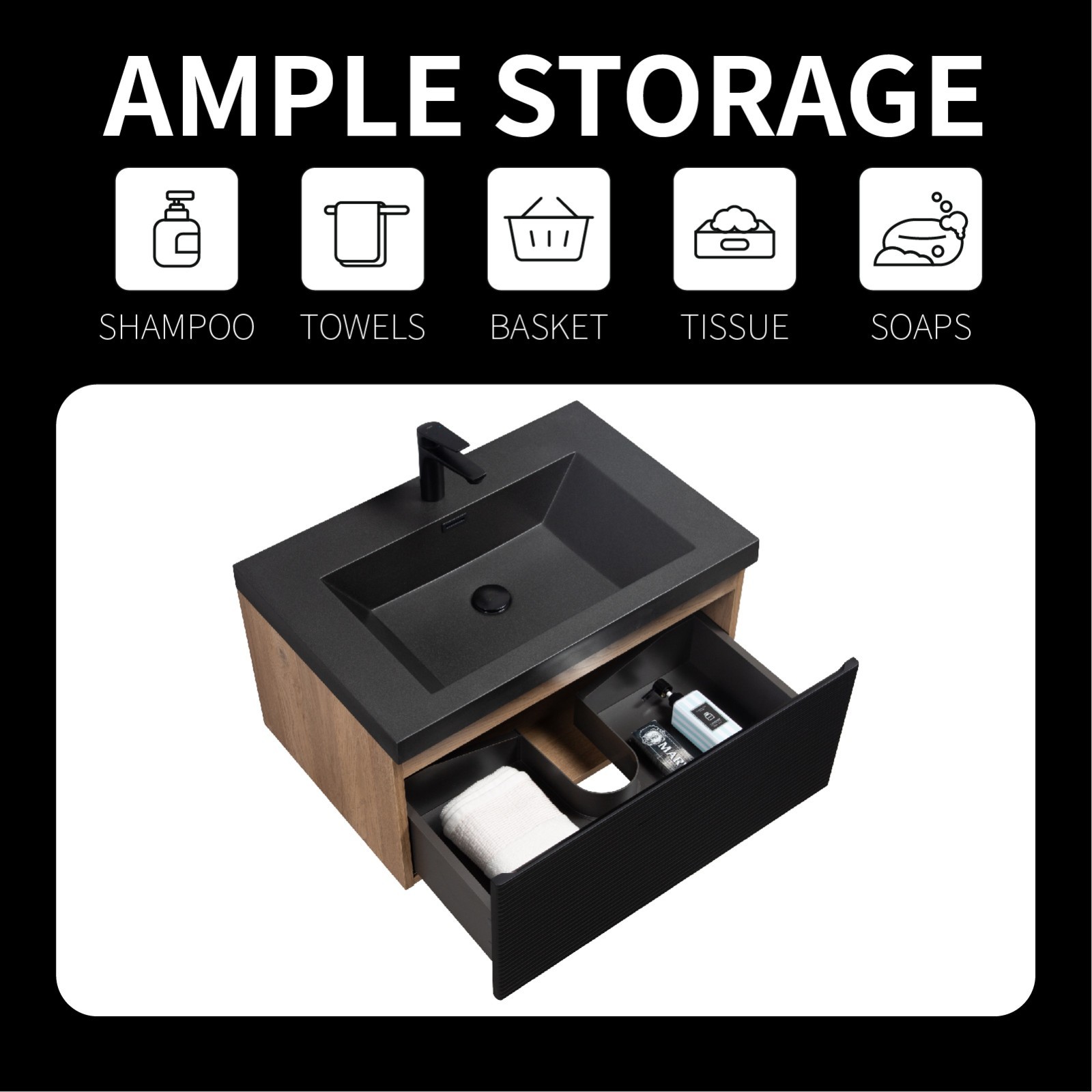 30” Bathroom vanity set floating vanity oak and black quartz sands basin top