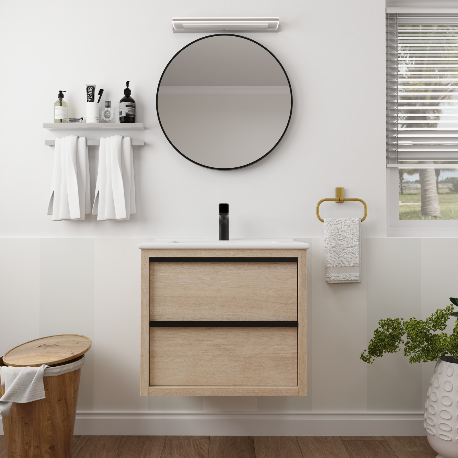 24″Wooden Wall Mounted Bathroom Vanity With Ceramic Sink Basin 2 Storage Drawers