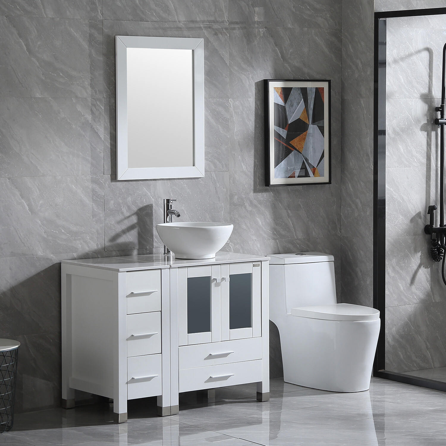 36″ Bathroom Vanity Cabinet Ceramic Vessel Sink Stone Top w/Mirror & Drain Combo