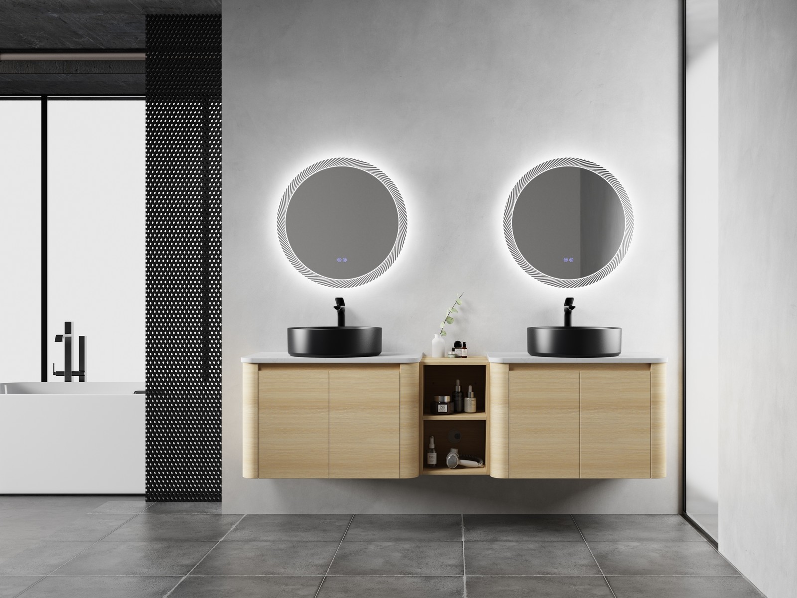 72 in Floating Bathroom Vanity Cabinet 2x Black Ceramic Sink Basin +Open Shelves