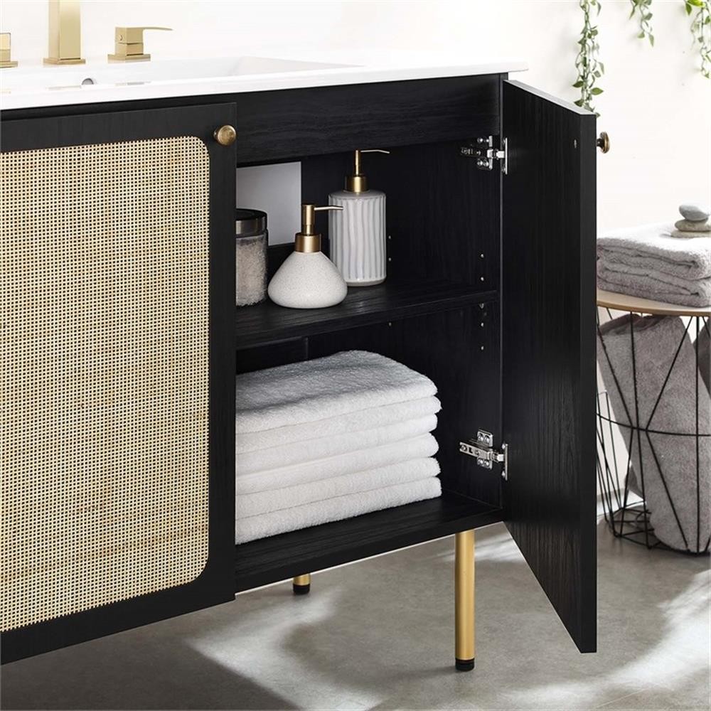 Pemberly Row 36″ Wood & Rattan Bathroom Vanity in Black/White