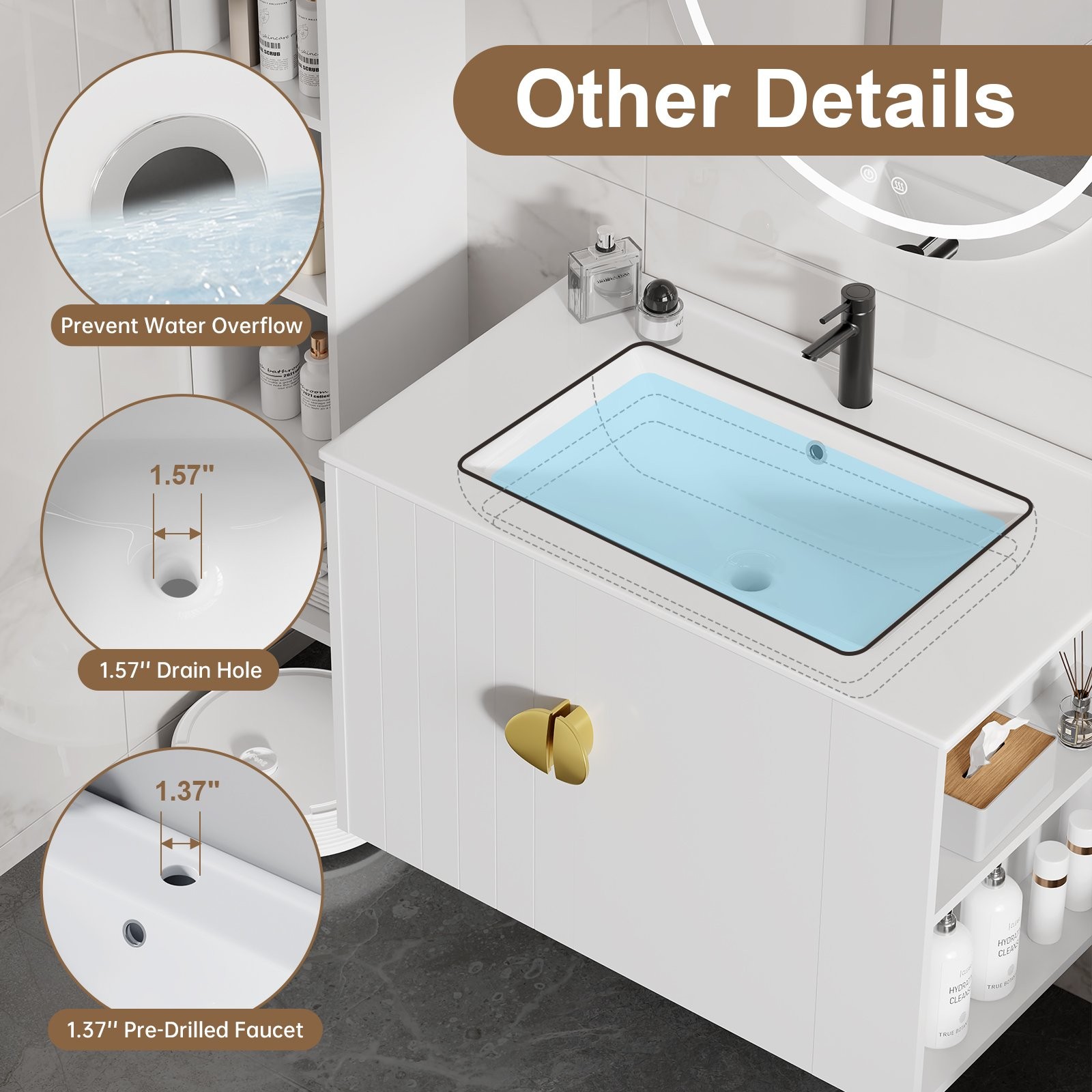 30″ Floating Vanity with Sink Wall Mounted White Soft Close Bathroom Cabinet