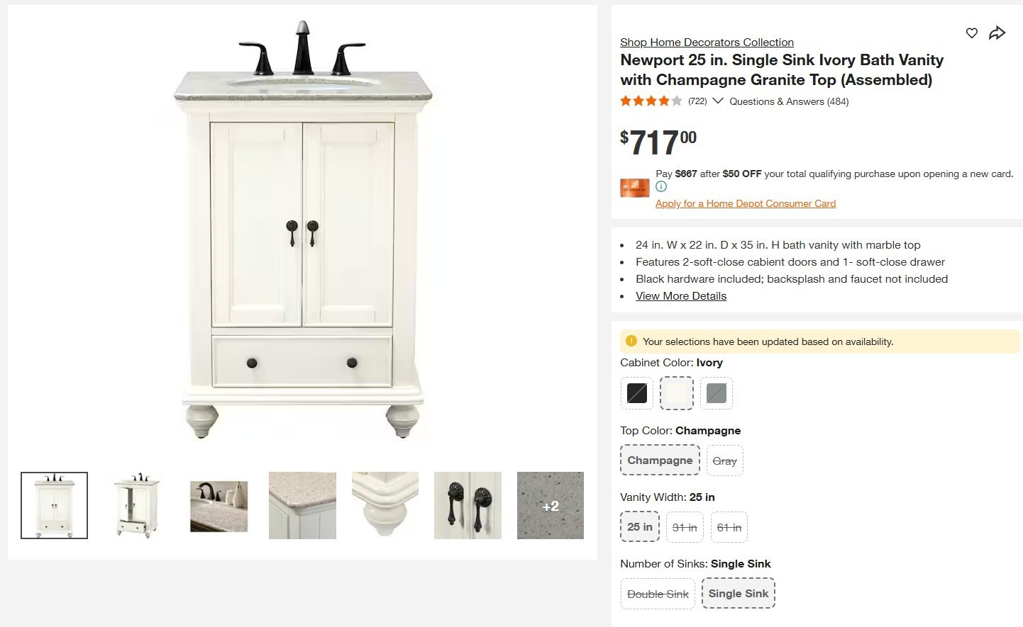 NIB Home Decorators Collection Newport 25″ Bathroom Vanity Granite Ivory Cream