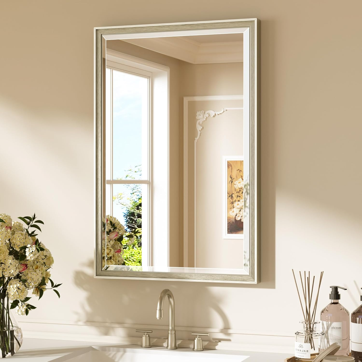 Keonjinn 20″ X 30″ Brushed Nickel Bathroom Mirrors for over Sink, Silver Vanity