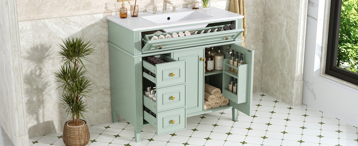 36 Inch Bathroom Vanity with Sink, Green Solid Wood Cabinet, Gold Handles