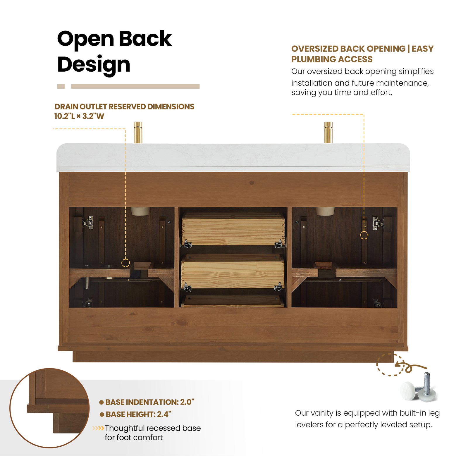 Zogno 60″ Double Sink Bath Vanity in Natural Walnut with White Grain Stone Top
