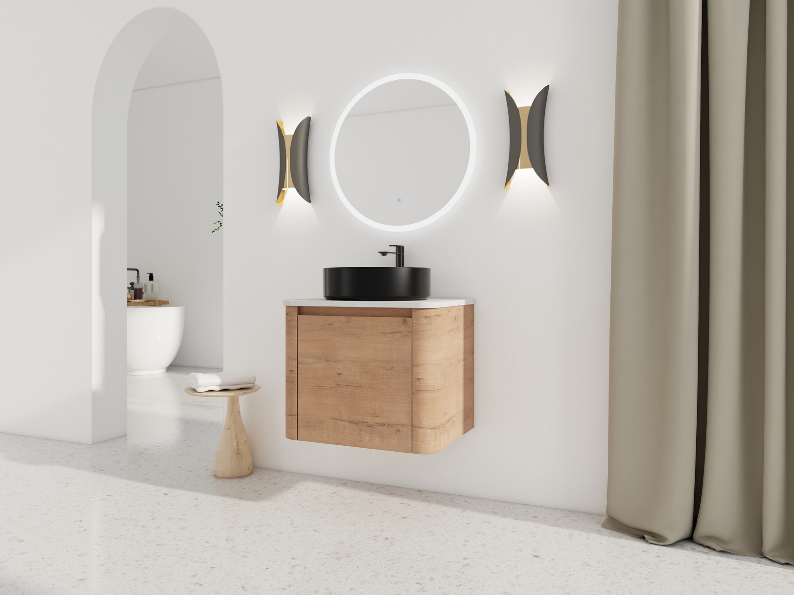 24 In Bathroom Vanity With White Flat Stone Slab Top Black Ceramic Vessel Sink
