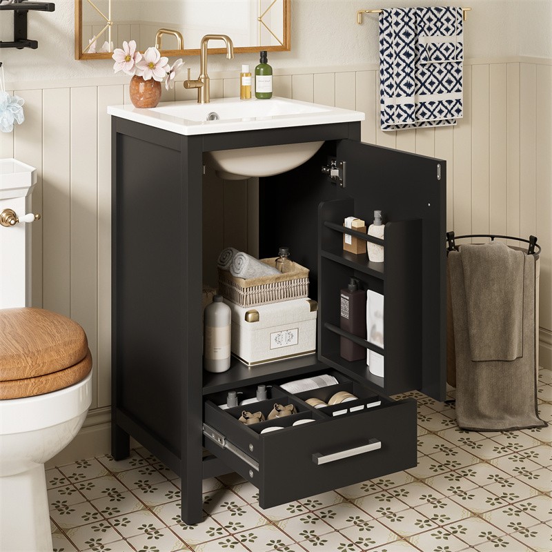 18″ Modern Bathroom Vanity with Ceramic Sink,Soft-Close Drawers & Door Organizer
