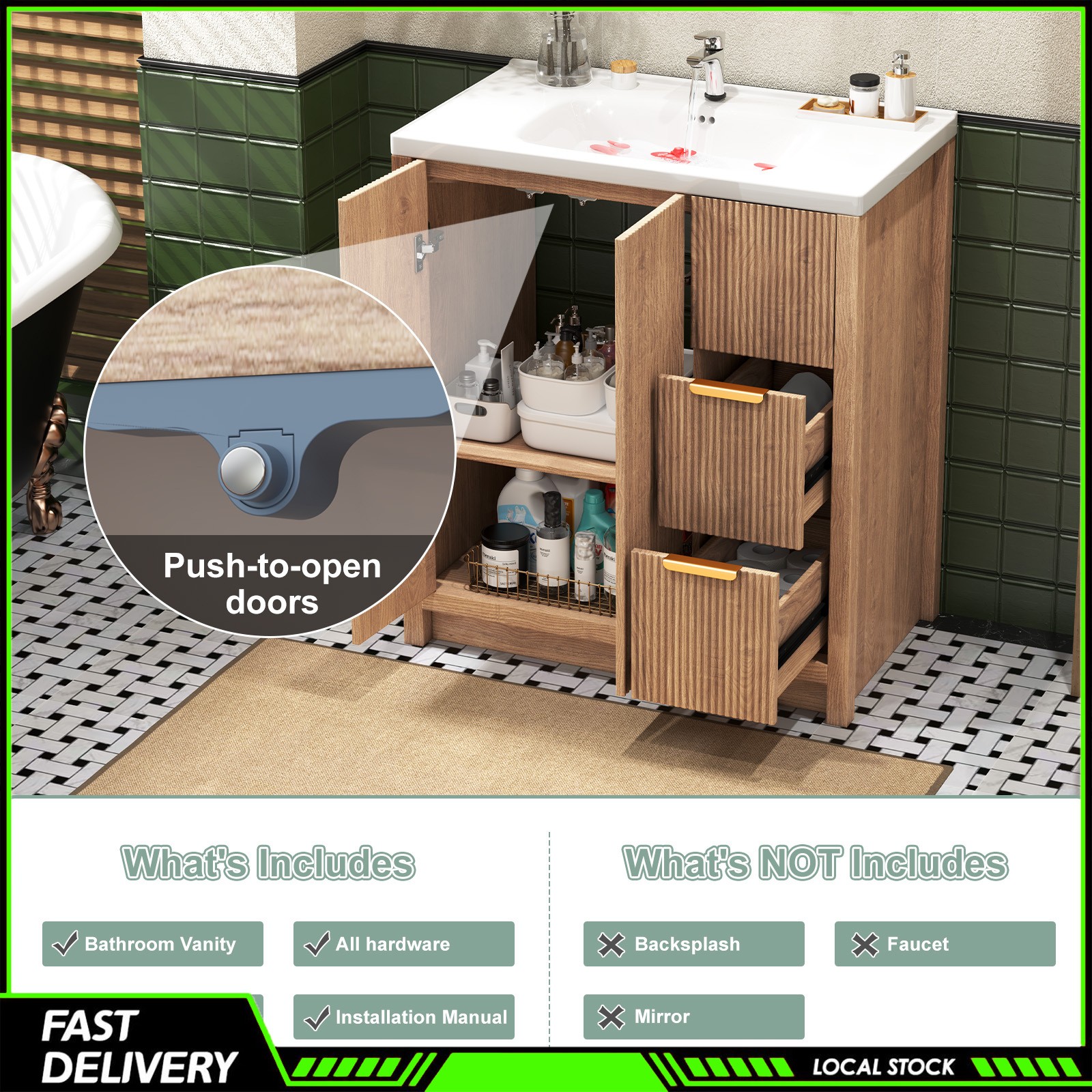 31″ Storage Cabinet Ceramic Sink Bathroom Vanity W/ Drawers Bathroom Cabinet Set