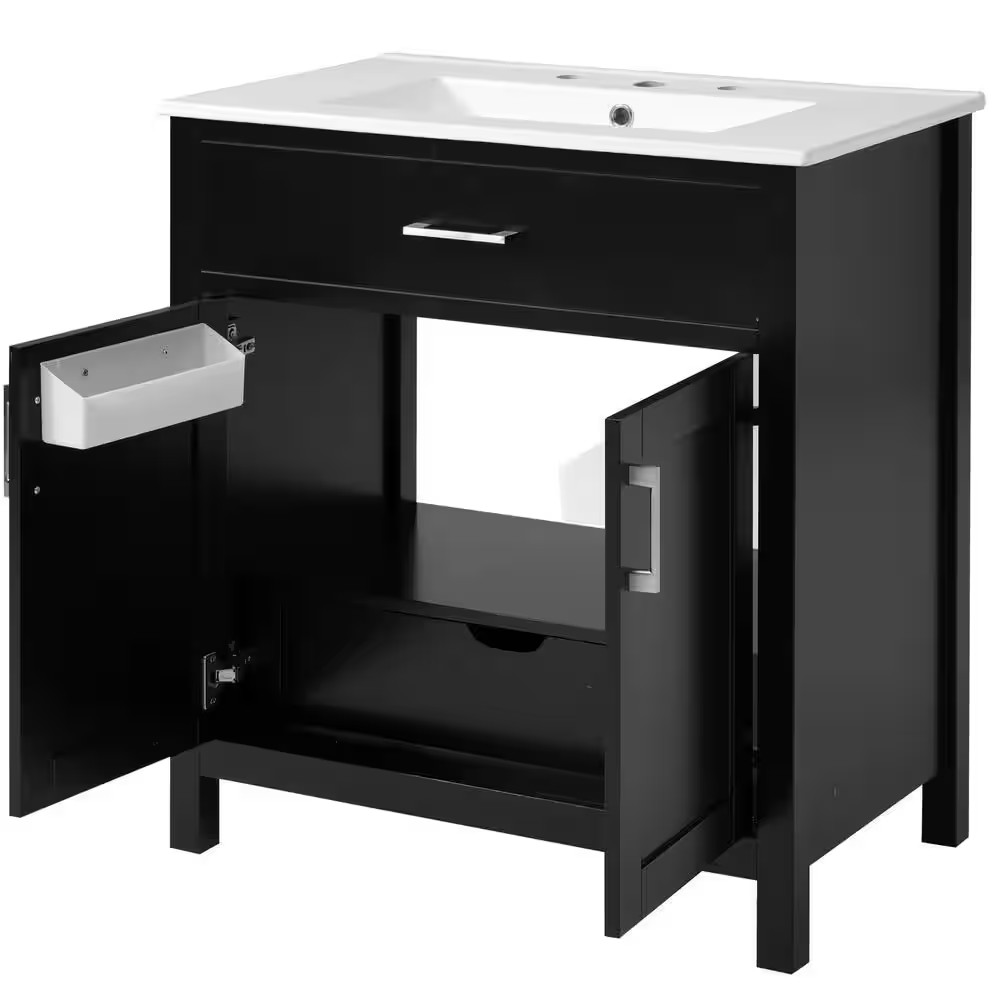 30 In. W Single Sink Freestanding Black Solid Wood Frame Bath Vanity with White
