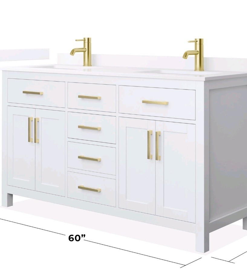 Beckett 60″ White Double Vanity & White Quartz Top (1-Hole) & Gold Trim